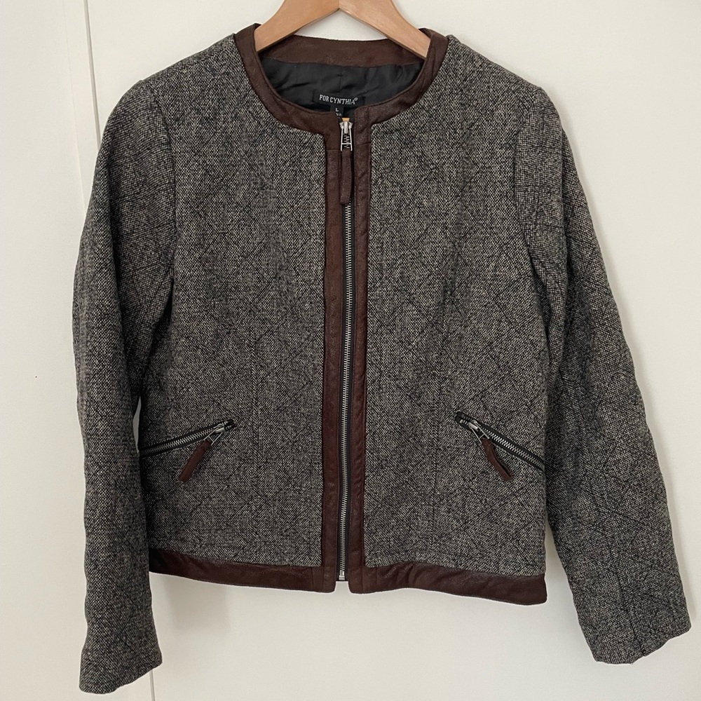 For Cynthia Anthro.Quilted Brown Blazer Jacket Zip Up  Faux Suede Trim  L